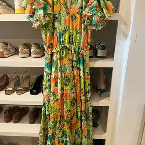 Vibrant Floral Midi Dress with Ruffle Sleeves